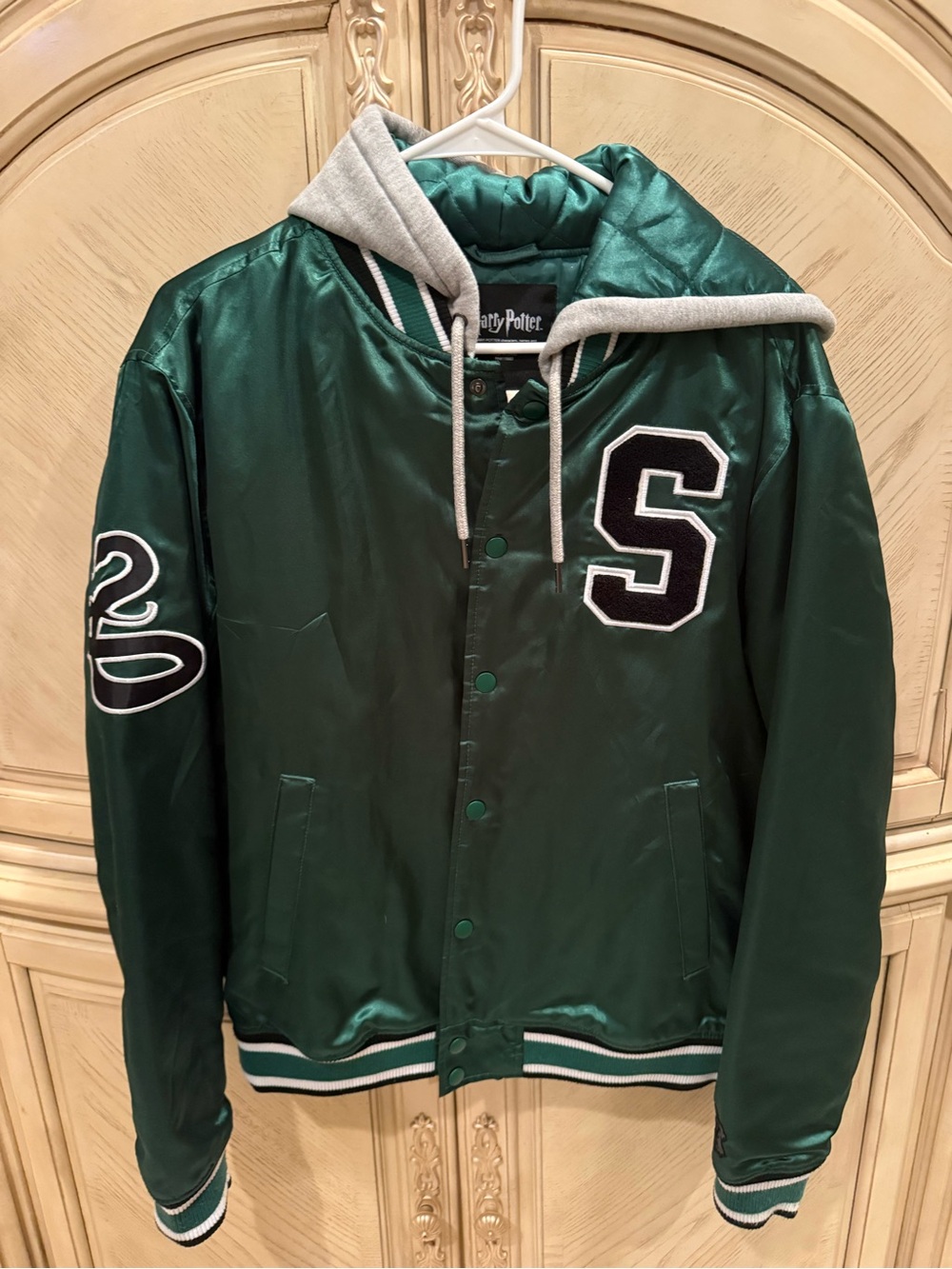 Harry Potter Slytherin Dark Green Satin Varsity Bomber Jacket with Grey Hood